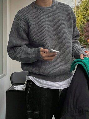 Grey Casual Men's Long Sleeve Drop Shoulder Crew Neck Sweater